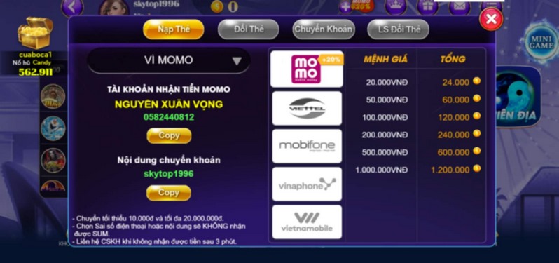 Sum Vip có nhiều kênh nạp tiền cho bạn chọn